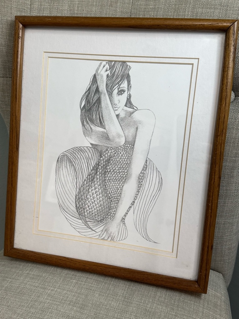 Framed Grey & White Mermaid Pencil Art Print